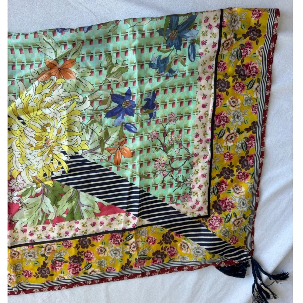 Johnny Was Silk Scarf Floral Mixed Print Tassel Boho Yellow Green 42x42